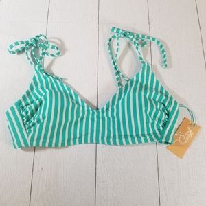 Kona Sol Bikini Top Spagetti Strap Green Stripe Tie Straps